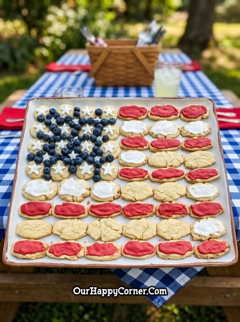 4th of July party food simple patriotic cookies with icing and sprinkles