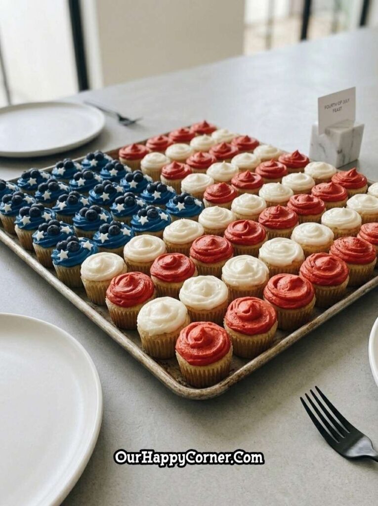 4th of July party food ideas cupcakes arranged in flag design with red white and blue frosting