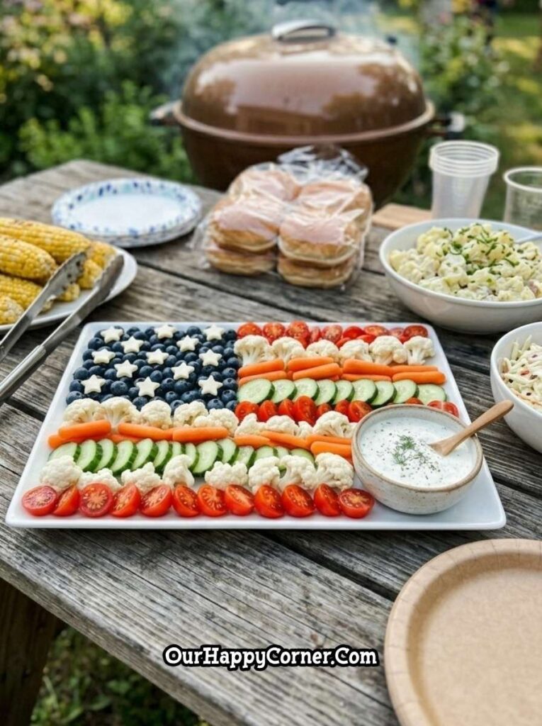 vegetable platter arranged like American flag with dip
