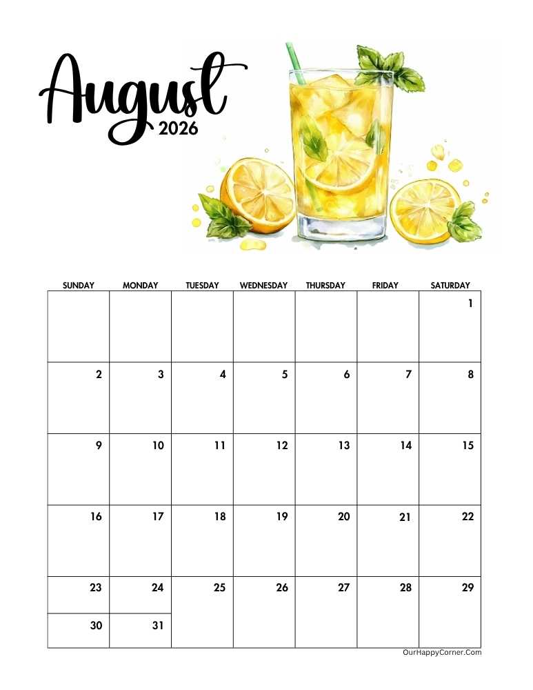 Calendar with a watercolor glass of lemonade and lemon slices.
