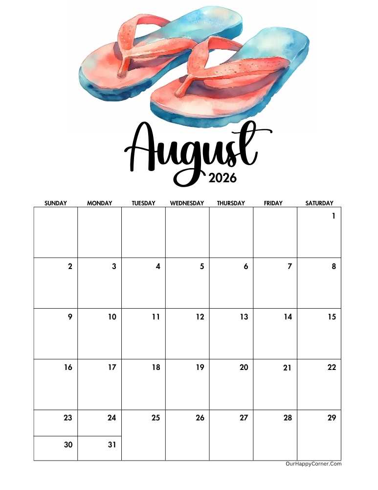 August 2026 calendar printable decorated with flip-flops
