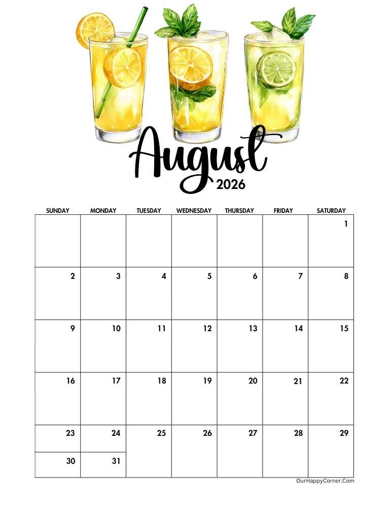 Calendar with a watercolor glass of lemonade and lemon slices.
