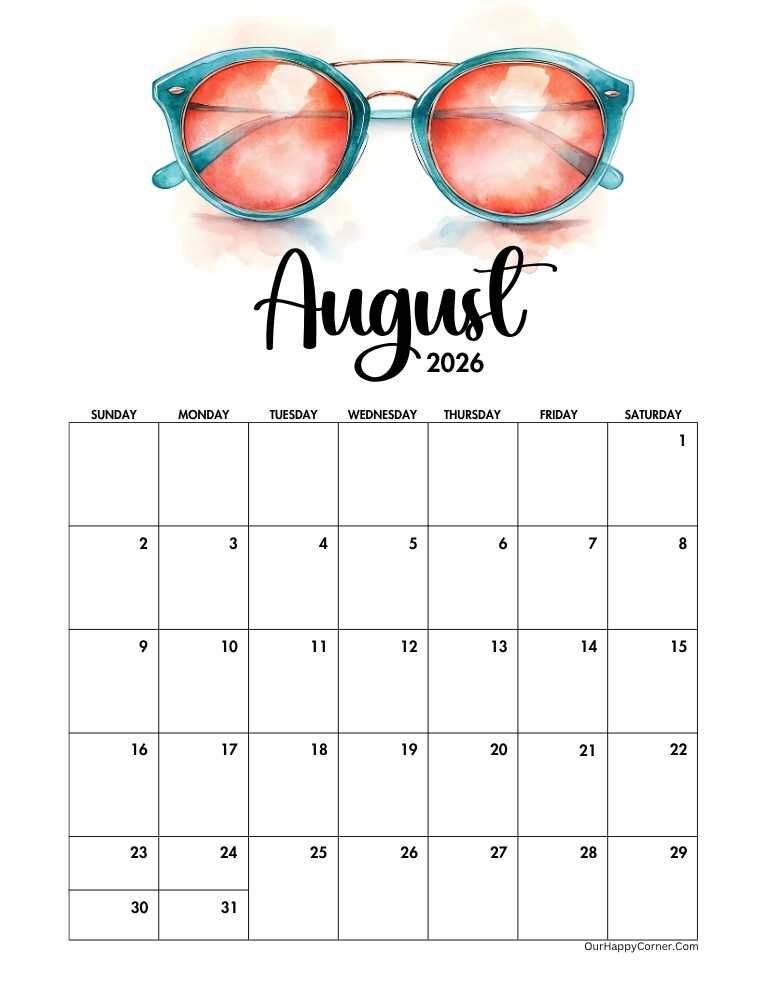 Watercolor sunglasses decorated calendar
