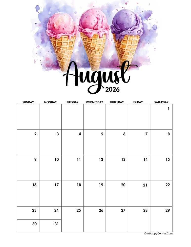 Calendar with three watercolor ice cream cones in pink, red, and purple.