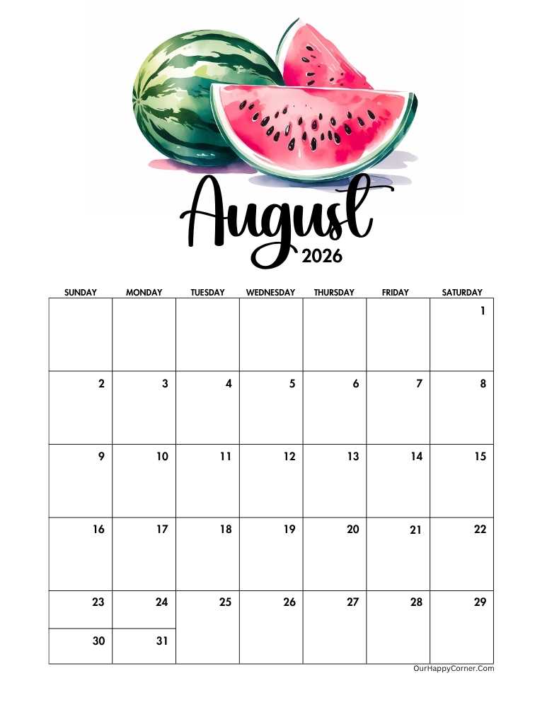 August 2026 calendar printable