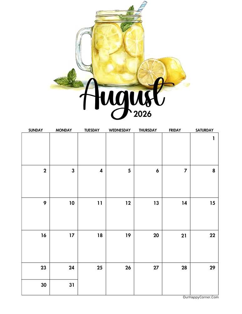 August 2026 calendar printable