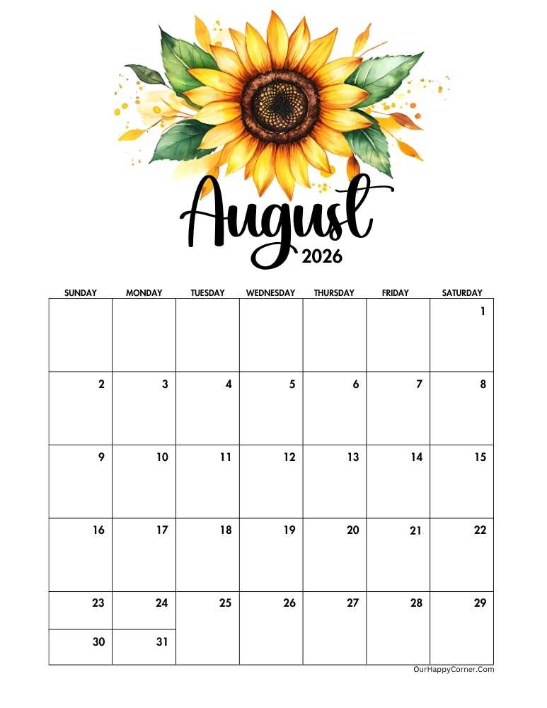Calendar with a bright yellow watercolor sunflower and green leaves.