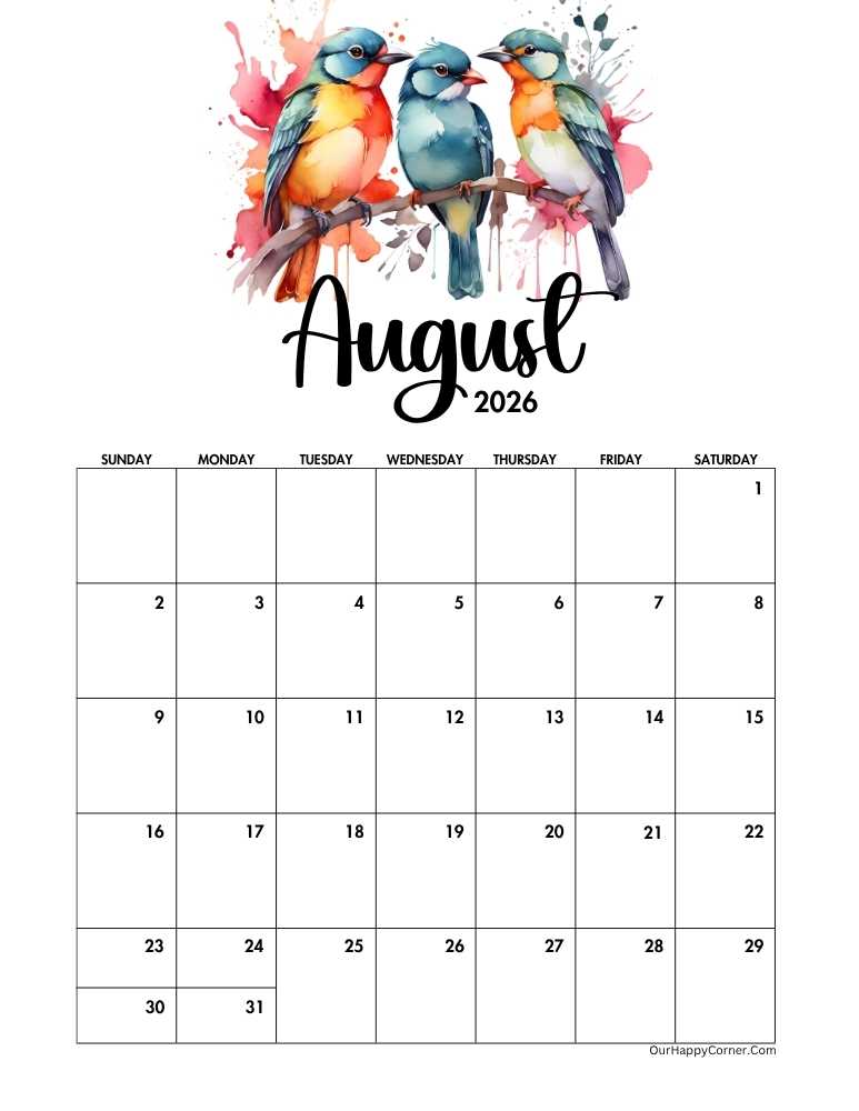 Calendar with three colorful watercolor birds on a branch.