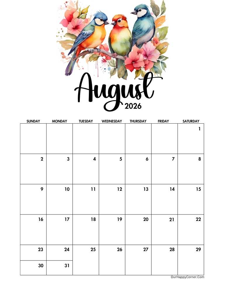 Calendar with three colorful watercolor birds on a branch.