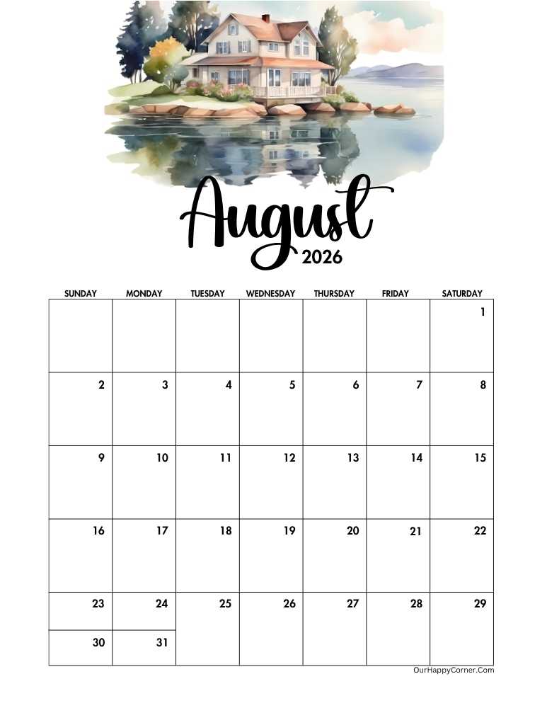 Calendar featuring a peaceful lake house surrounded by trees and calm water.