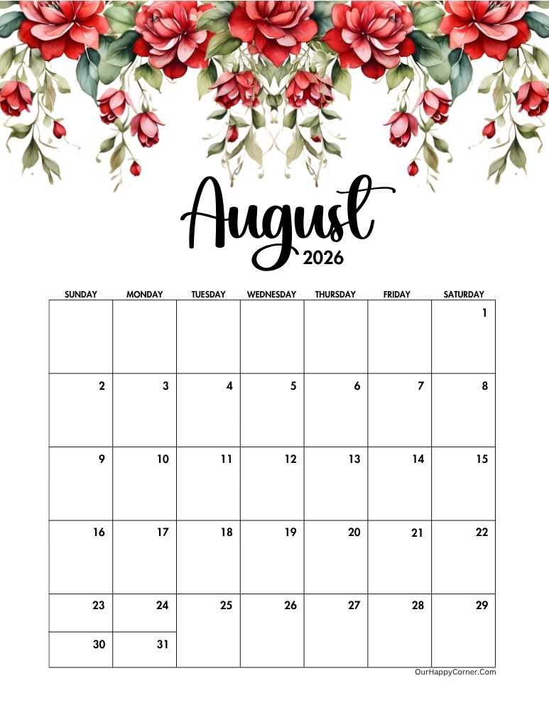 august 2026 red floral calendar