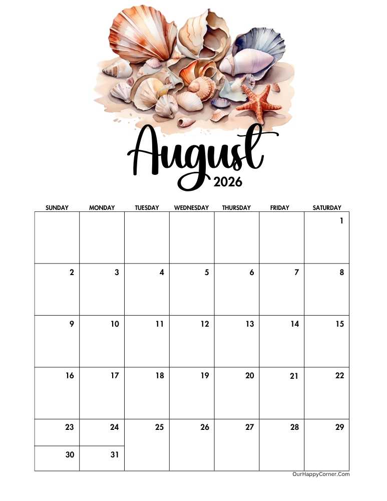 Seashells August 2026 calendar