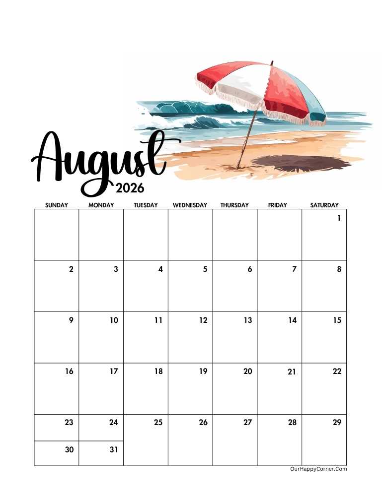 Beach umbrella August 2026 calendar