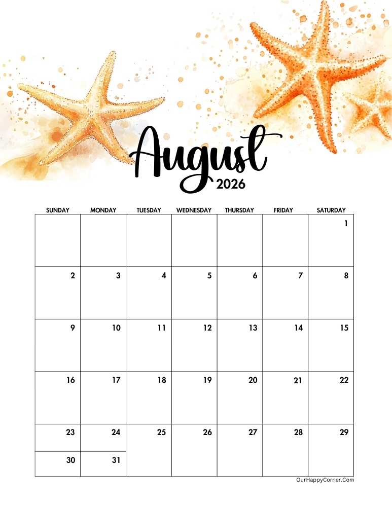 Starfish August 2026 calendar 