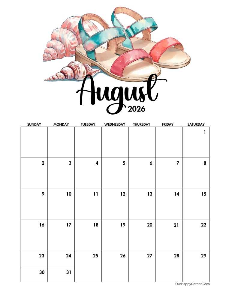 Sandals August 2026 calendar