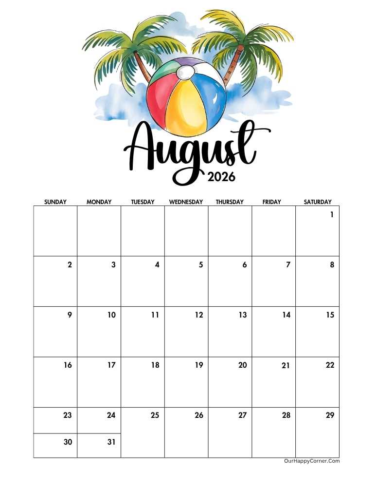 Beach ball and palm trees August calendar