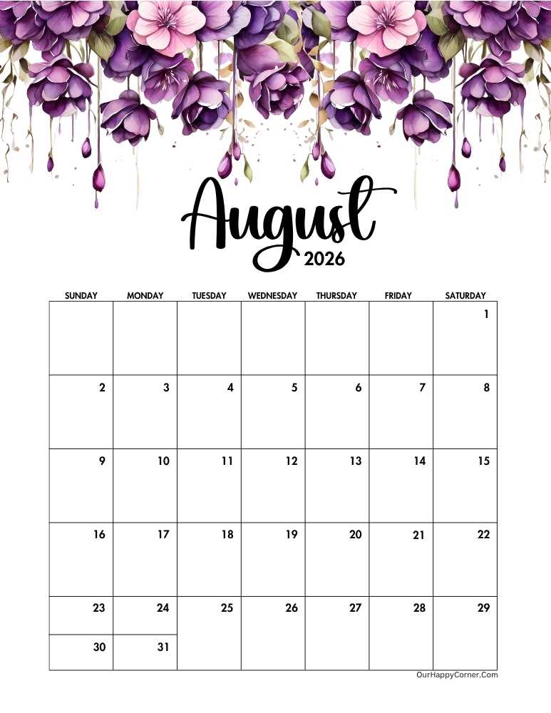 Purple watercolor August 2026 calendar printable 5