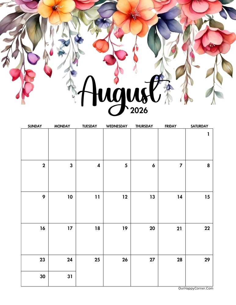 Floral August 2026 calendar printable 