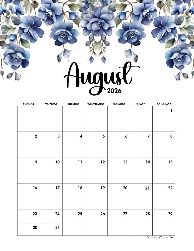 August 2026 calendar printable
