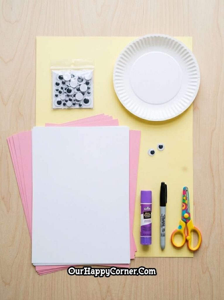 craft materials including plate, paper, googly eyes, glue, marker, and scissor