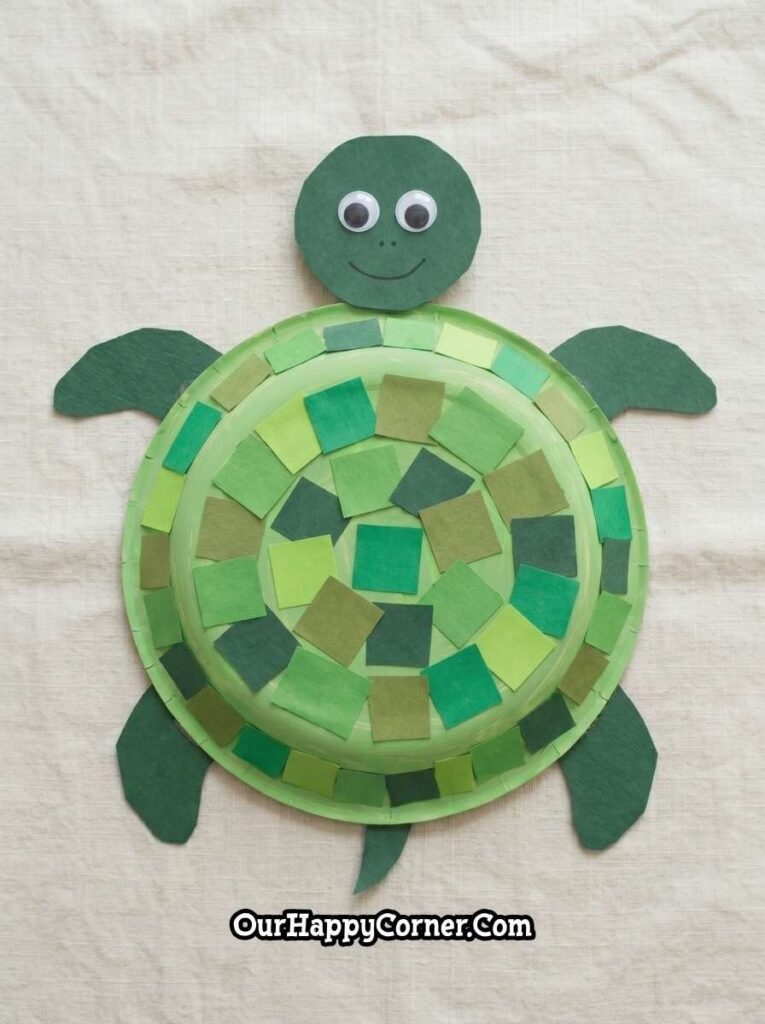 finished paper plate turtle craft with flippers