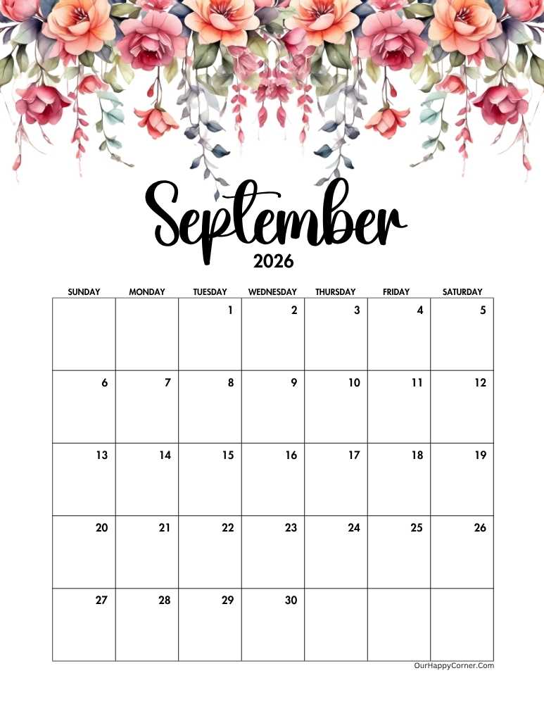 Floral September 2026 calendar 