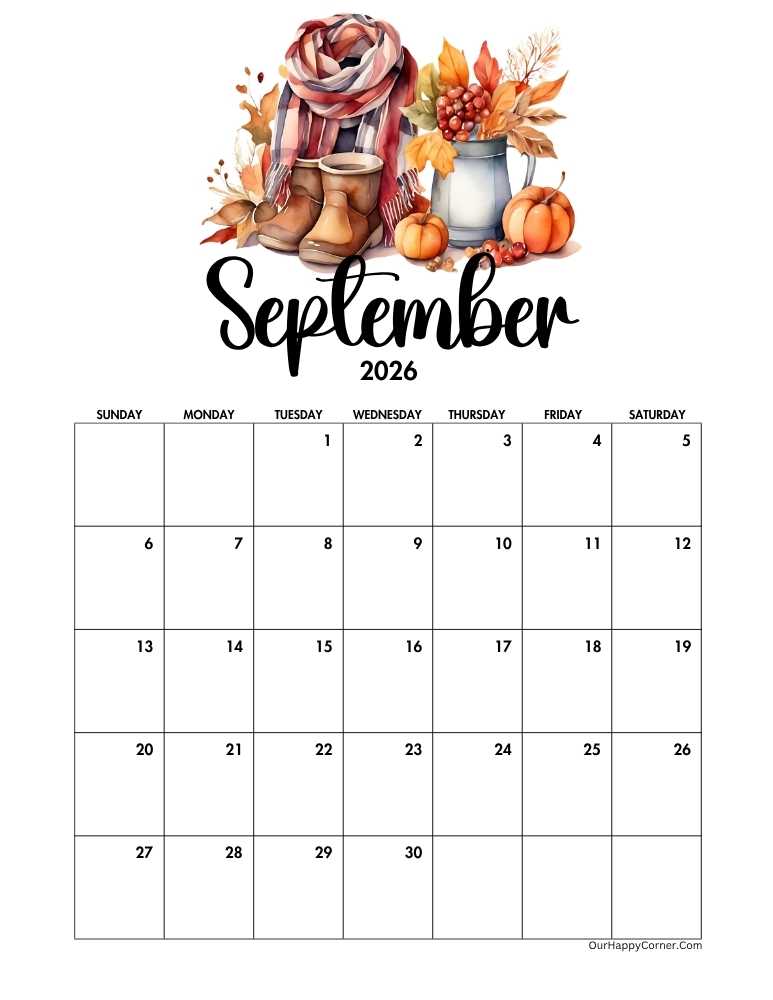 Autumn decorated September 2026 calendar