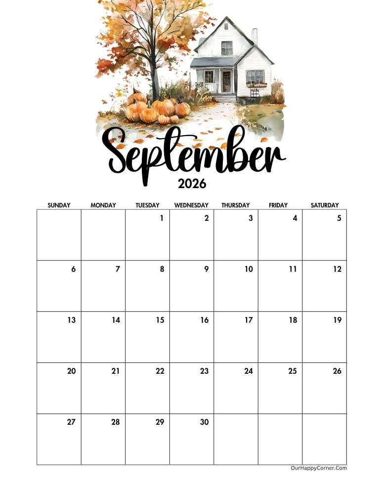 Autumn decorated September 2026 calendar
