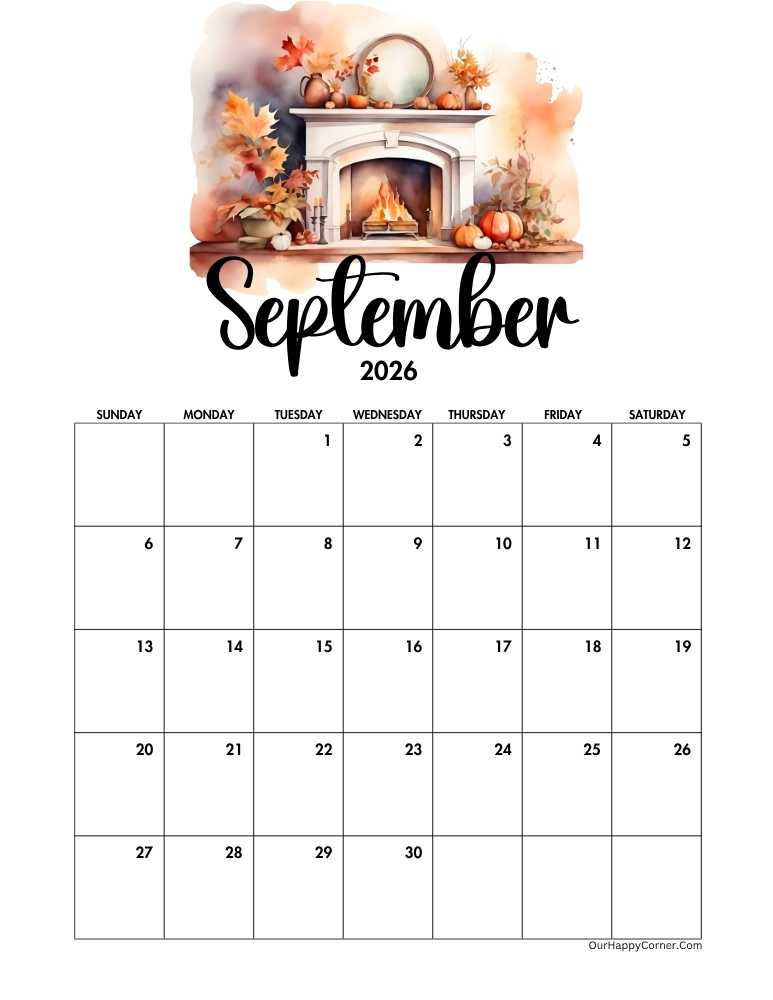 Autumn decorated September 2026 calendar