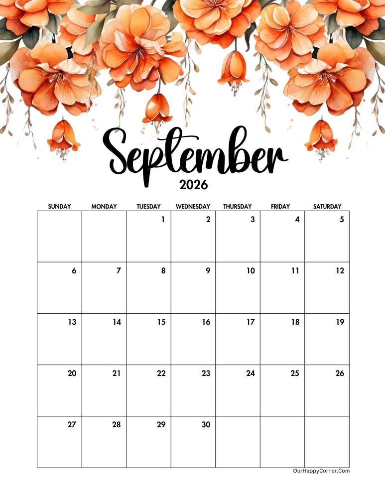 Orange floral September 2026 calendar 