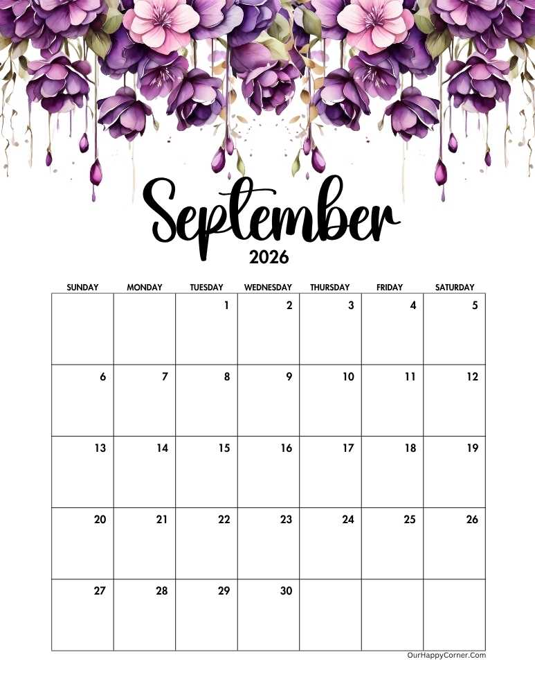 Purple floral watercolor September 2026 calendar 