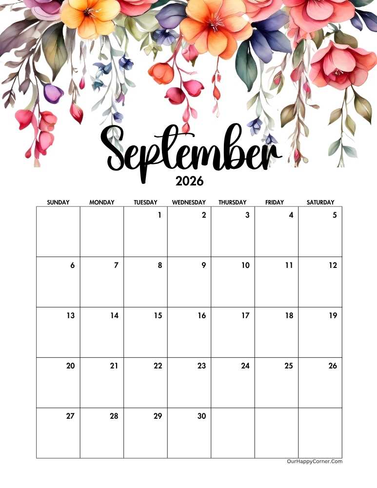 Floral September 2026 calendar 