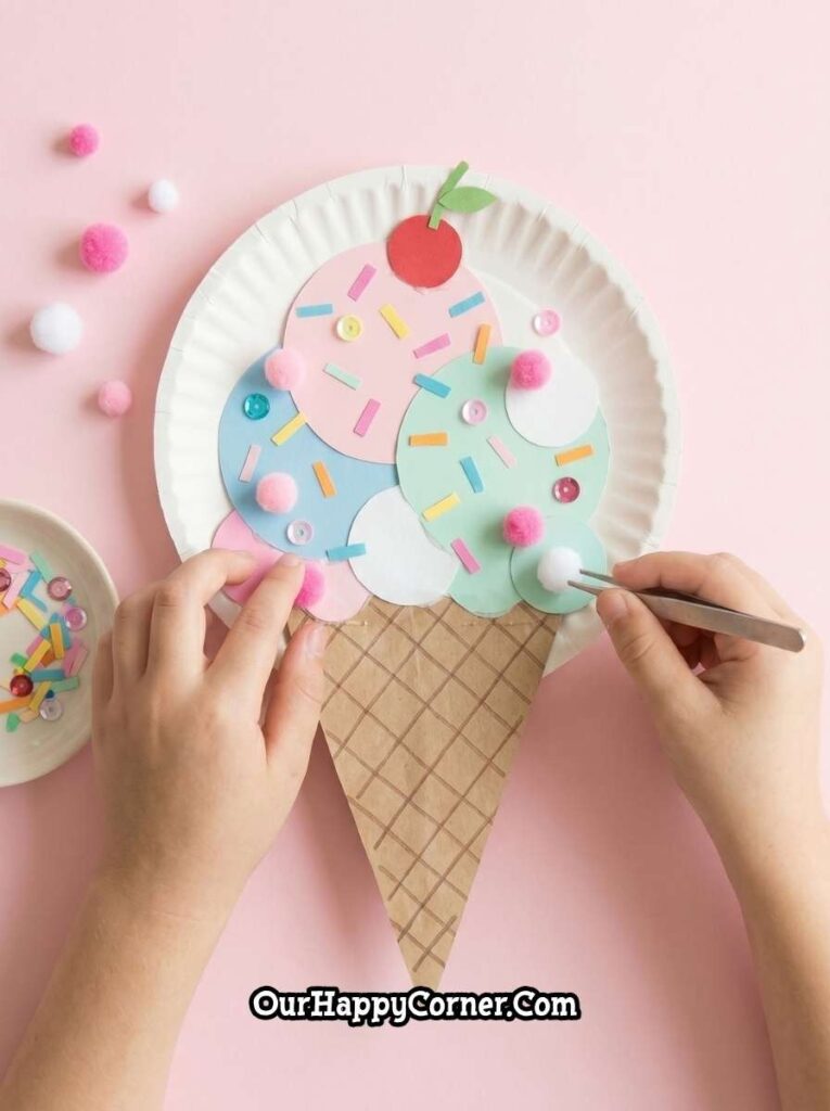 Finished paper plate ice cream craft with colorful sprinkles and pom-poms