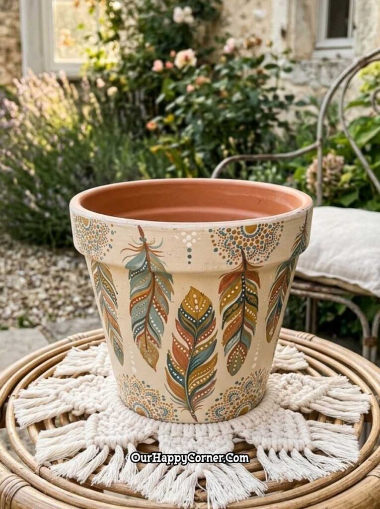 Boho feather dot art terracotta pot painting on rattan table outdoor garden