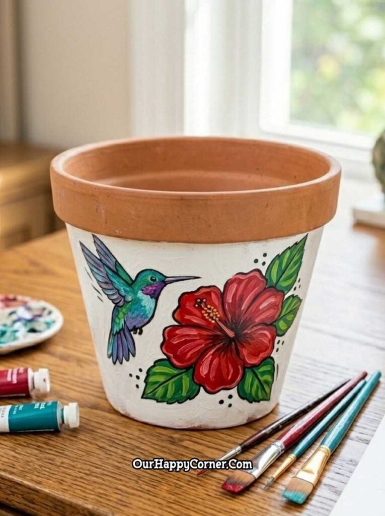 White terracotta pot painted with hummingbird and red hibiscus flower