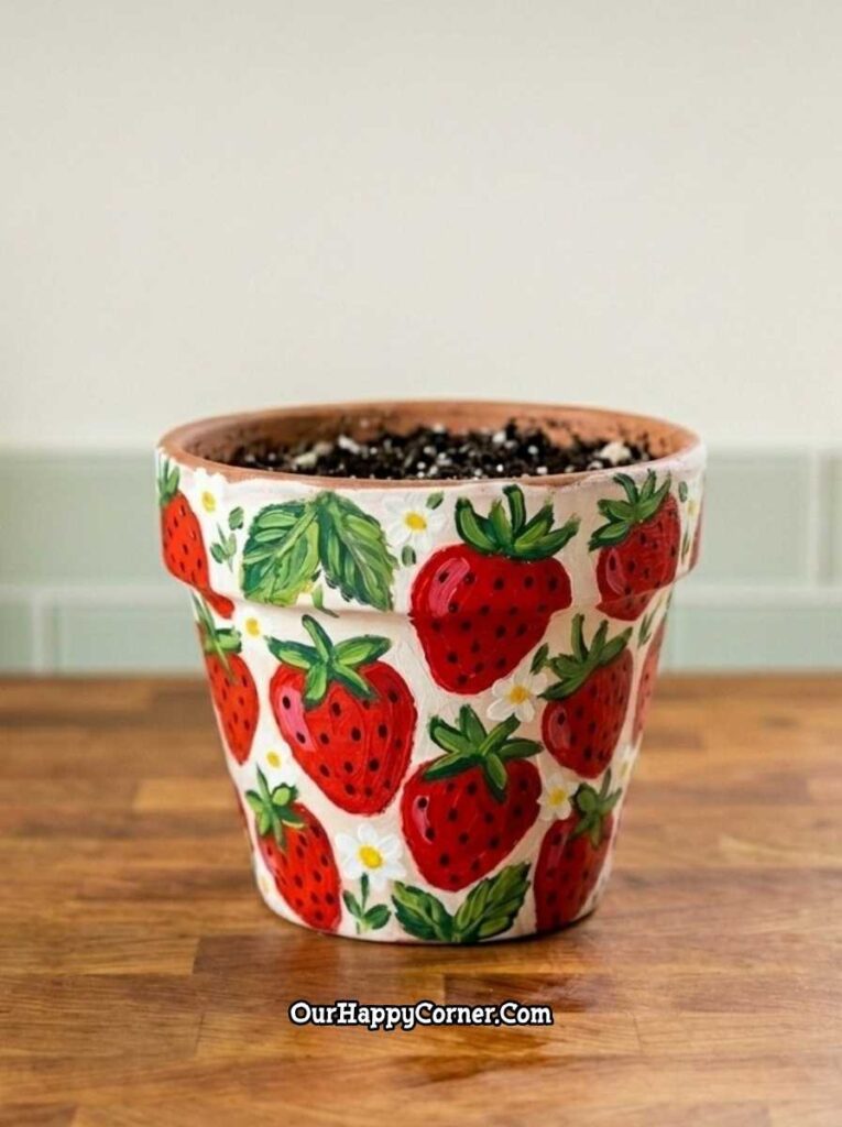 Cream terracotta pot painting covered in red strawberries and daisy details