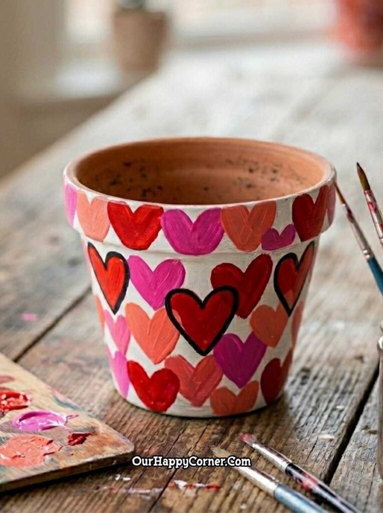 White terracotta pot covered in hand-painted hearts red pink magenta