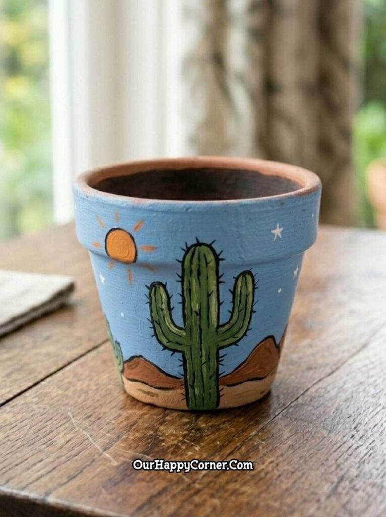 Sky blue desert cactus scene painted on wooden surface