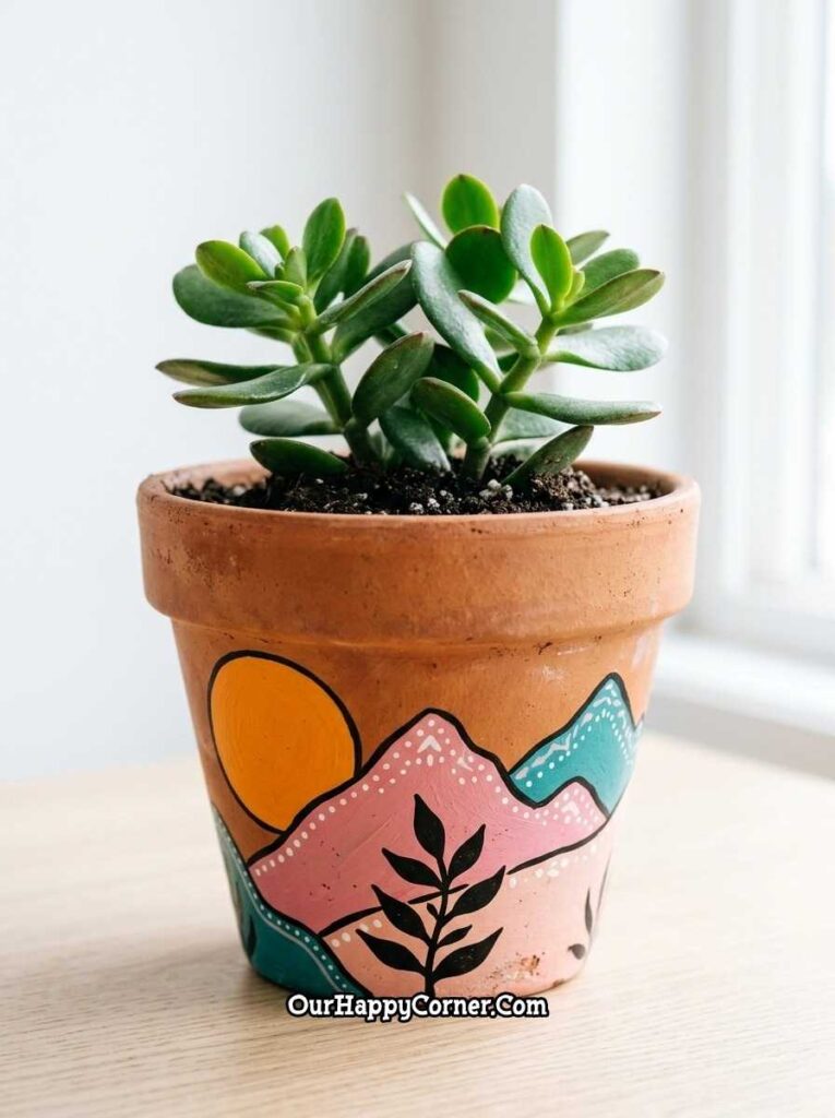 Colourful mountain landscape pot with jade succulent