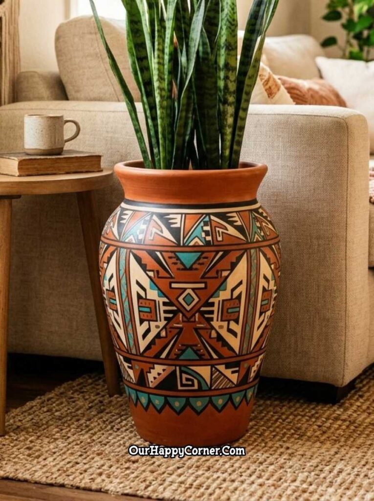 Large terracotta vase with bold Aztec geometric painting in living room