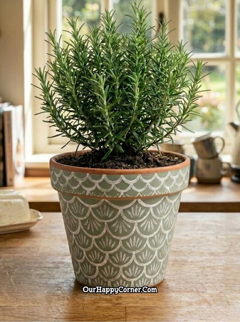 Sage green fan scallop white pattern terracotta pot with rosemary herb
