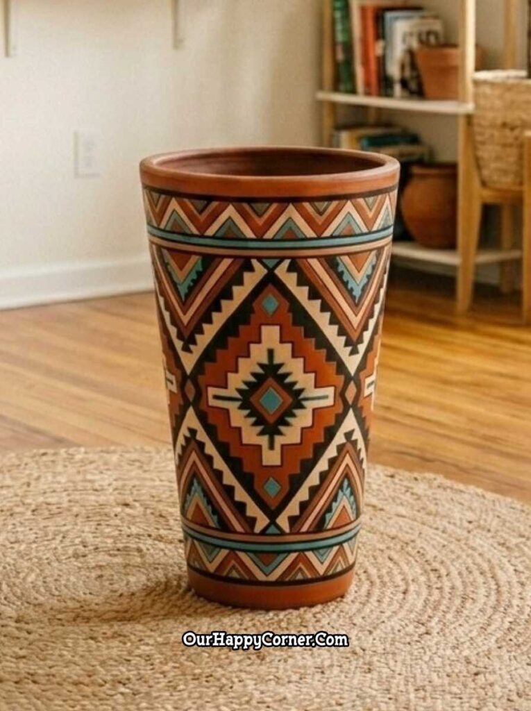 Tall cylinder terracotta vase with Navajo-inspired geometric pattern on jute rug
