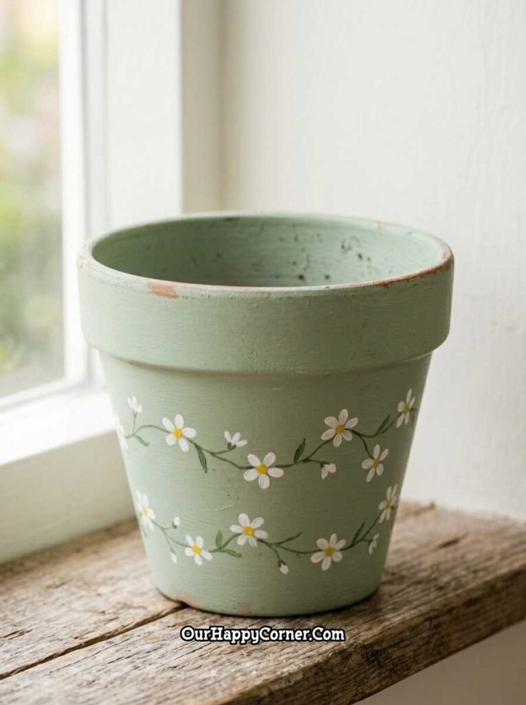 Sage green daisy chain painted terracotta pot on wooden windowsill