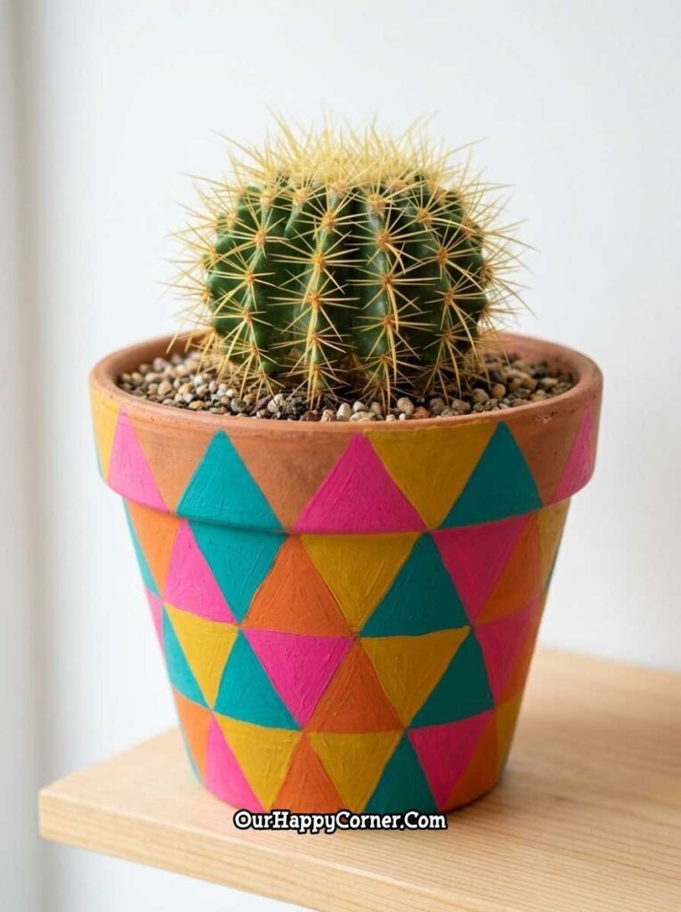 Bold geometric triangle painting with cactus plant
