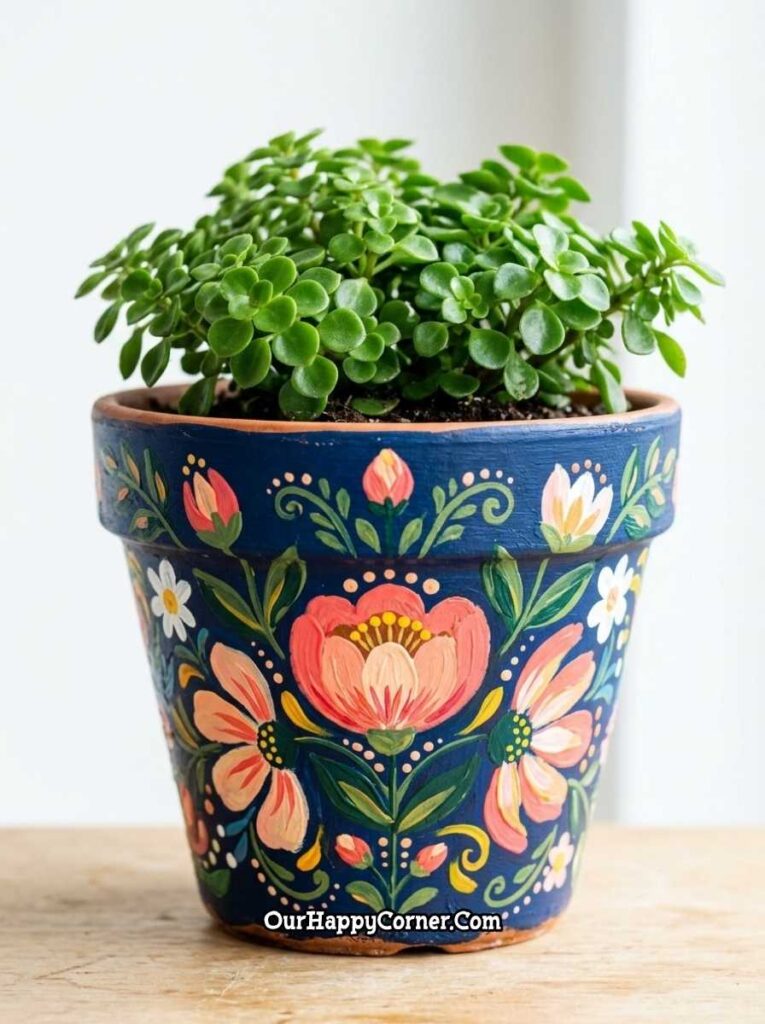 Navy blue folk art floral with jade plant