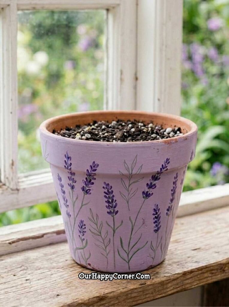 Soft lavender with lavender sprigs on garden bench