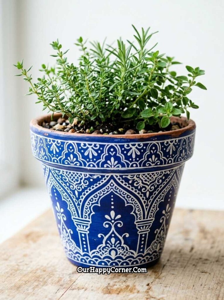 Cobalt blue Moroccan tile with herb plant