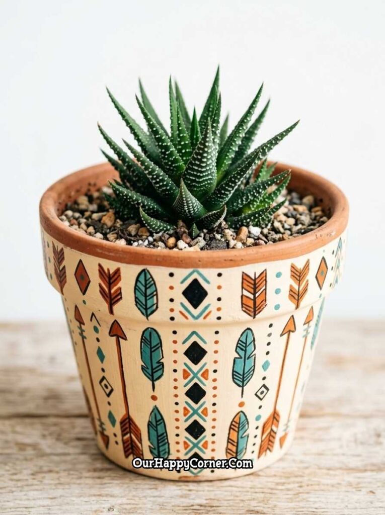 Cream Native-inspired arrow and feather terracotta pot with haworthia succulent