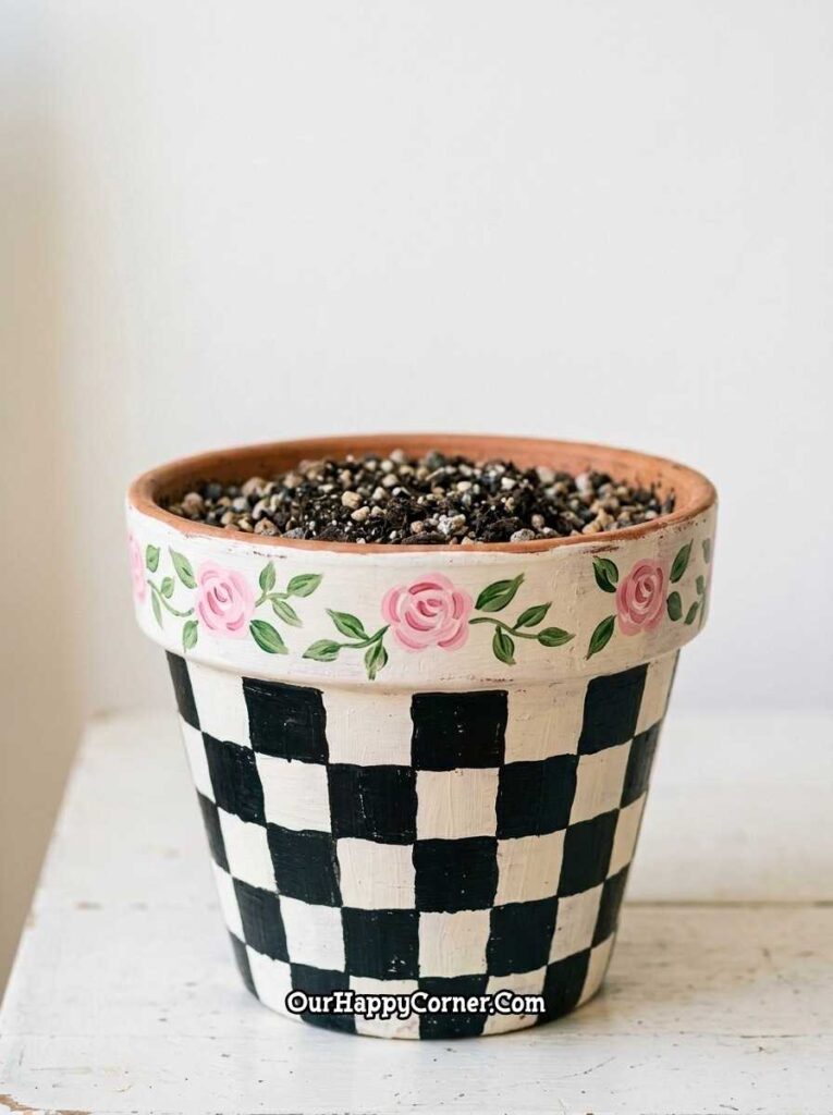 Black and white checkerboard with pink roses on rim