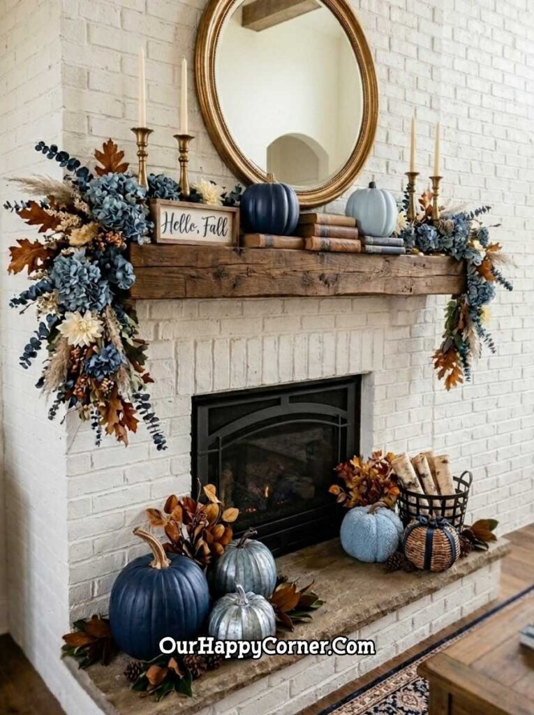 A white painted brick fireplace dressed in navy, slate blue, and brushed gold